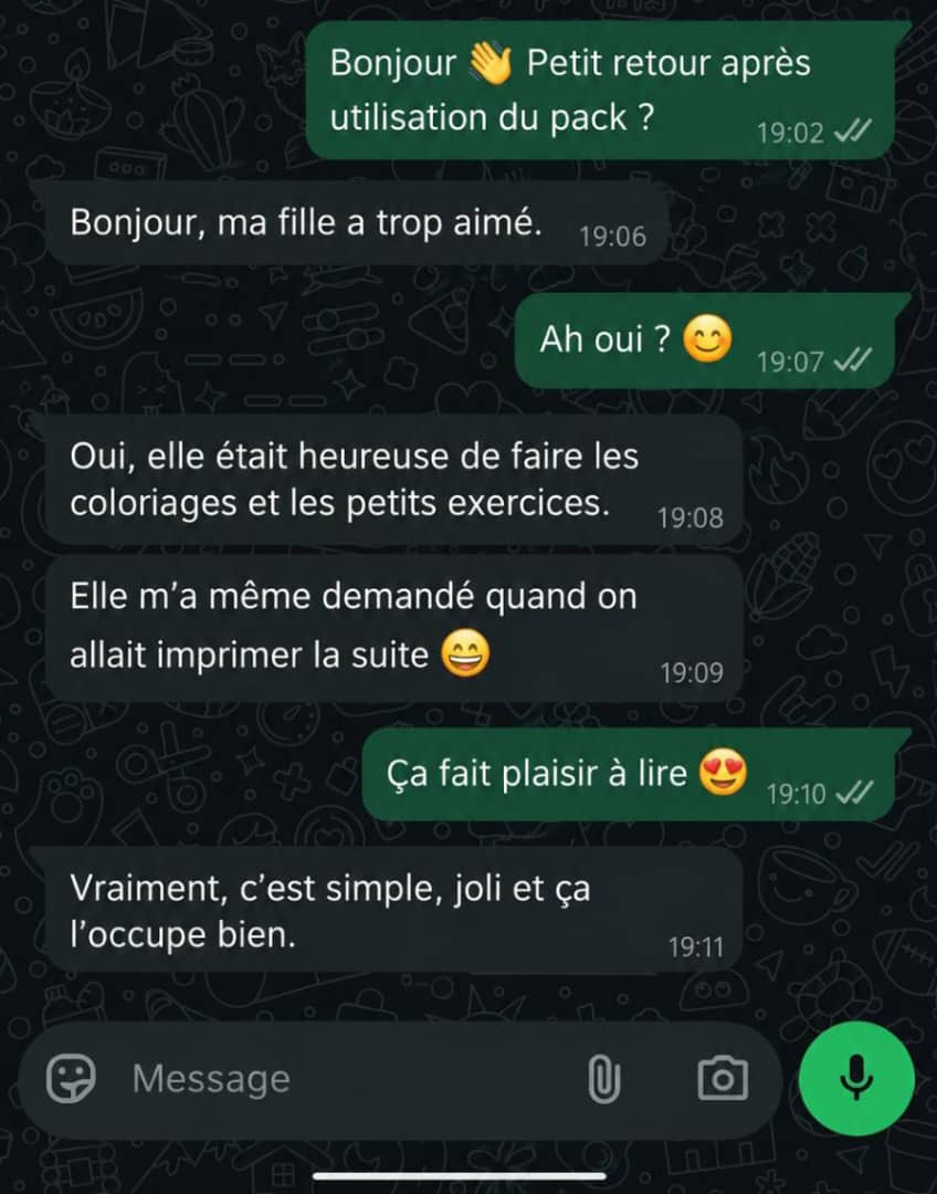 Capture d'ecran WhatsApp d'un retour parent sur le pack