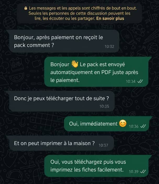 Capture d'ecran WhatsApp d'un parent demandant la reception du pack